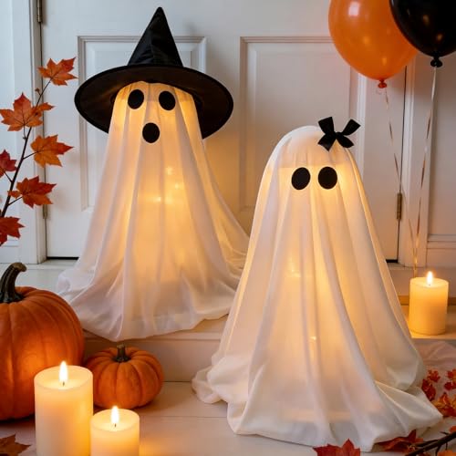 Halloween Ghost Decorations Light-Up Ghosts with Witch Hats Indoor Set