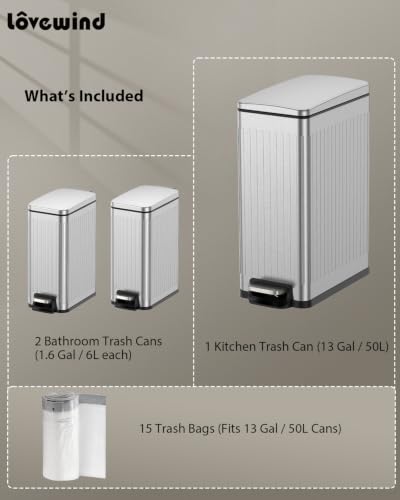 Silver 13-Gallon Kitchen Trash Can with Lid & 2 Pack 1.6-Gallon Bathroom Bins