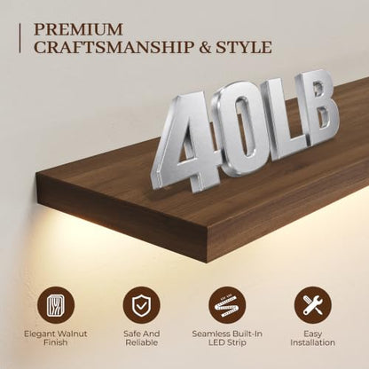 48 Inch LED Floating Wall Shelves Set of 2 - Walnut Wood with Warm Light