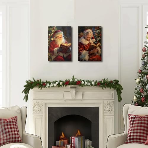 Christmas Wall Art Santa and Mrs Claus Canvas Prints 16x24 Inches - Framed Holiday Decor Set of 2