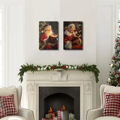Christmas Wall Art Santa and Mrs Claus Canvas Prints 16x24 Inches - Framed Holiday Decor Set of 2