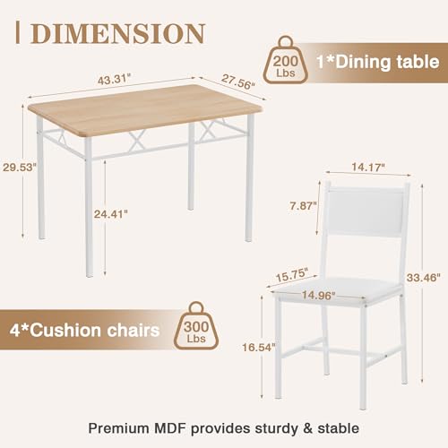 Natural White 5-Piece Dining Table Set for 4 with Upholstered Chairs - Space-Saving Kitchen Furniture