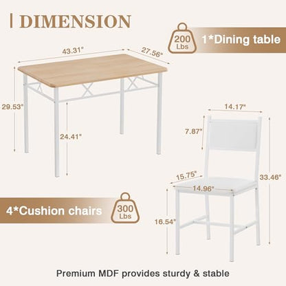 Natural White 5-Piece Dining Table Set for 4 with Upholstered Chairs - Space-Saving Kitchen Furniture