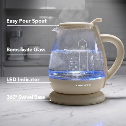 Electric Kettle 1L Glass Water Boiler - Cream, Fast Boil, 1500W