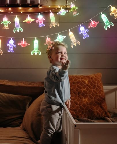 Space String Lights Change Color 50 LED Fairy Lights Battery & USB Powered Astronaut Rocket Planet Decor