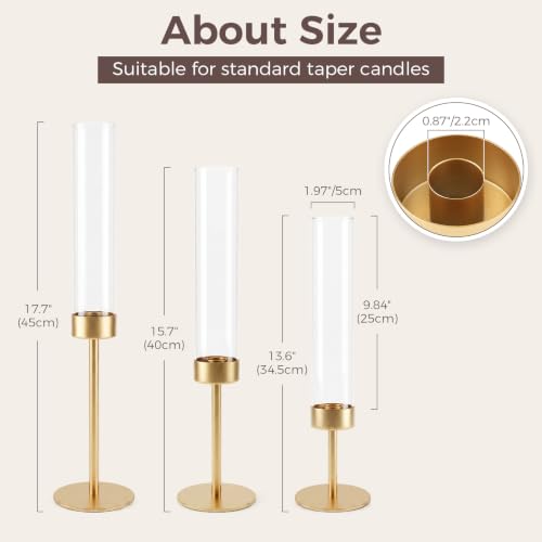 Set of 9 Gold Hurricane Glass Candle Holders with Taper Candlesticks - Varying Heights