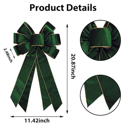 Green Velvet Christmas Wreath Bow - 20 x 11 Inch Holiday Tree Topper Decoration