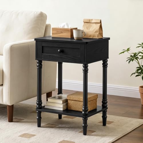 Nightstand with Drawer – Wooden Leg Bedside Table with Lower Shelf