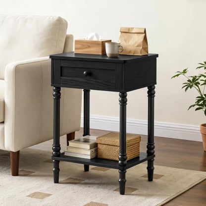 Nightstand with Drawer – Wooden Leg Bedside Table with Lower Shelf