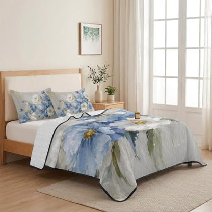 Blue White Flower Quilt Set Twin XL 3 Piece Bed Coverlet Bedding - Rustic Daisy