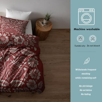 Scandinavian Folk Art Duvet Cover Queen Size 3 Piece Set - Red & White