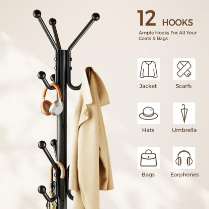 Freestanding Metal Coat Rack with 12 Hooks - Black, 70.1 x 21.5 inches