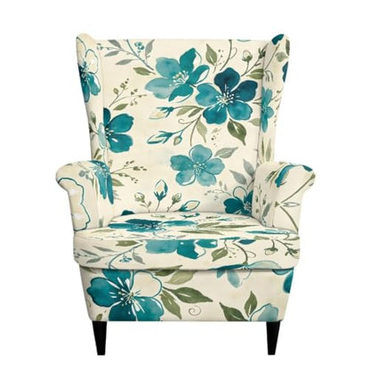 Teal Floral Wingback Chair Slipcover - Scratch-Resistant, Washable, Non-Slip Bottom, Durable Fabric