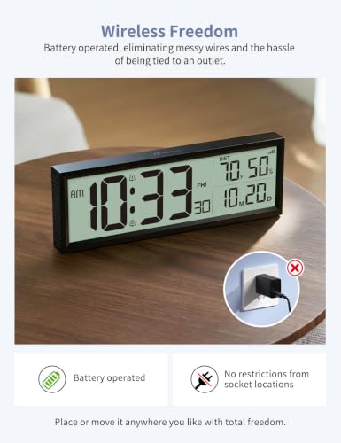 Digital Alarm Clock Battery Operated 8.5-Inch Wireless Wall Clock - Black