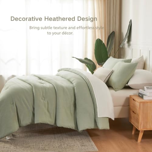 Sage Green Heathered Comforter Set Queen 3 Piece Bedding Set - Soft & Modern
