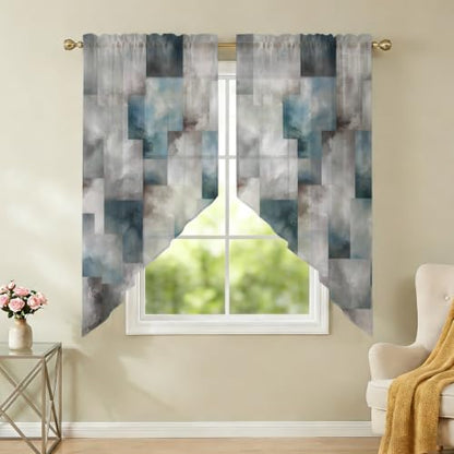 Slate Gray Geometric Swag Curtains 36 Inch Length 2 Panels Set - Semi-Sheer Window Drapes for Kitchen Living Room Bedroom