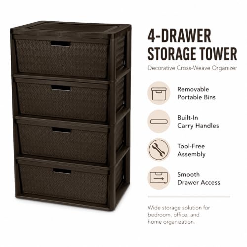Wide Brown 4-Drawer Plastic Storage Tower with Cross-Weave Pattern - Clutter Organizer