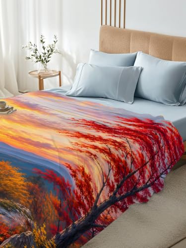California King Flat Sheet - Fall Orange Red Watercolor Maple Leaves Bedding