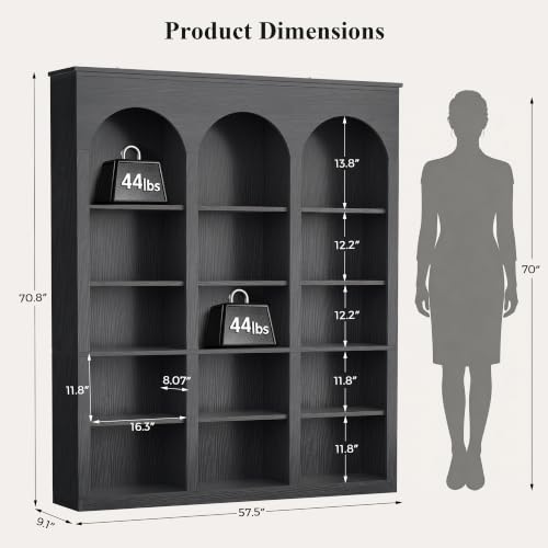 MapleGrace 71-Inch Triple Arched Tall Bookcase with Shelves - Black