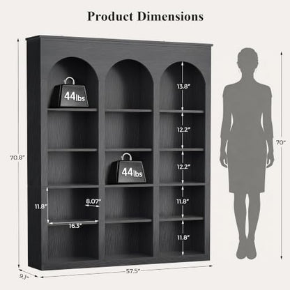 MapleGrace 71-Inch Triple Arched Tall Bookcase with Shelves - Black