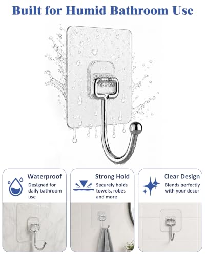 Heavy Duty Clear Adhesive Wall Hooks 12 Pack Supports 44 lb - No Nails
