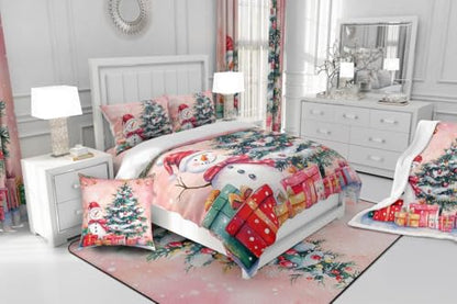 King Size Christmas Tree Comforter Set with Snowman & Santa Design - Pink Green White