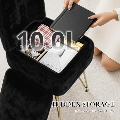 Black Faux Fur Vanity Chair with Storage and Foldable Backrest - 14.2"D x 13.2"W x 29.9"H