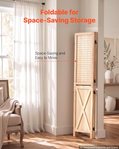 Wood Room Divider Pegboard Folding Privacy Screen with Shelves - Natural Finish