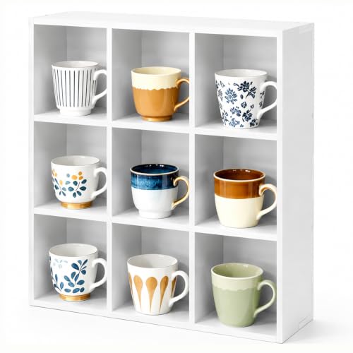 White 9-Grid Coffee Mug Wall Display Rack, Floating Organizer Shelf