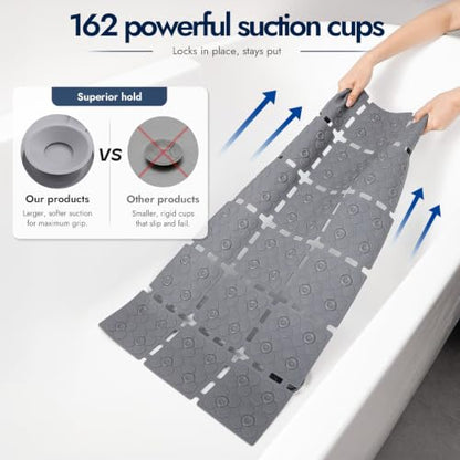 Non Slip Shower Mat 31.5 x 16 Inches Grey - TPE Bath Mat with Suction Cups