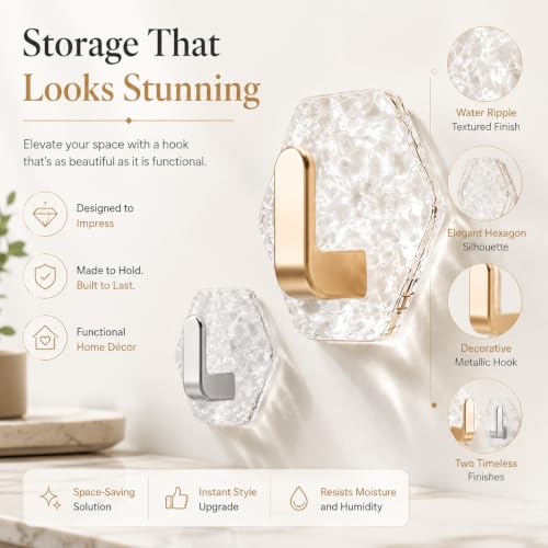 Decorative Water Ripple Hexagon Adhesive Wall Hooks - Rose Gold, 10 Pack
