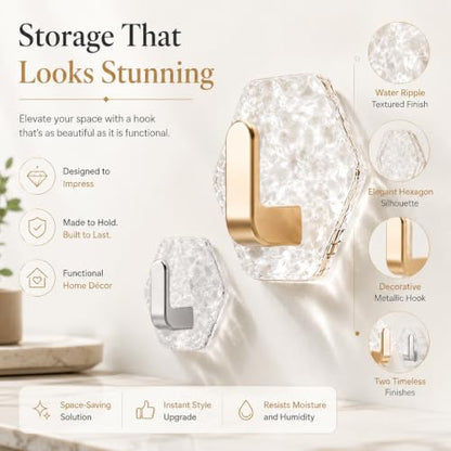 Decorative Water Ripple Hexagon Adhesive Wall Hooks - Rose Gold, 10 Pack