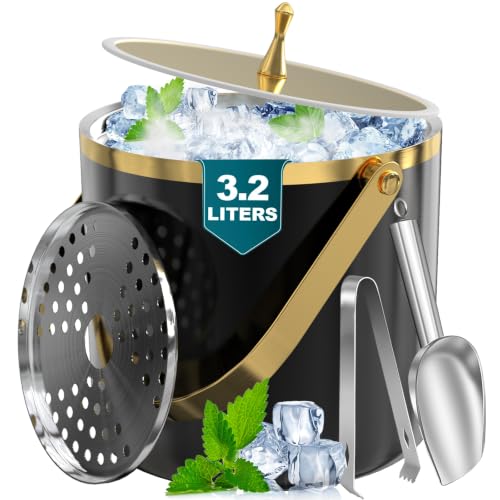 Black and Gold 3.2L Double Wall Ice Bucket with Lid, Scoop & Tongs