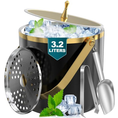 Black and Gold 3.2L Double Wall Ice Bucket with Lid, Scoop & Tongs