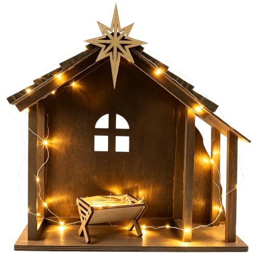 Wooden Nativity Scene Stable with Star & Lights - Christmas Decor 12"