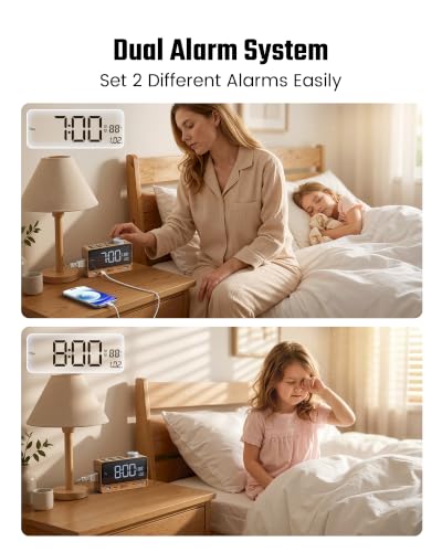 Walnut Wood Superdanny Alarm Clock with 20W PD Charging Station, 4 USB & 2 AC Outlets