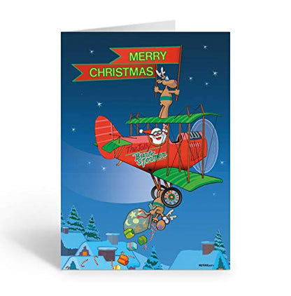 Holiday Biplane Christmas Card with Santa and Reindeer - 5x7 Greeting Card, Made in USA