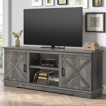 65-Inch TV Stand with Barn Doors and Adjustable Shelf, Rustic Grey - 59" without Fireplace