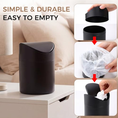 Black 4 Pack Tabletop Trash Cans with Lid & 24 Trash Bag Rolls - Compact & Durable