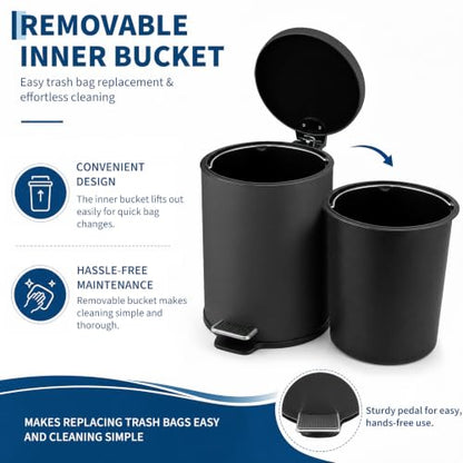 Round Trash Can with Soft-Close Lid 5L/1.3 Gal Bathroom Wastebasket