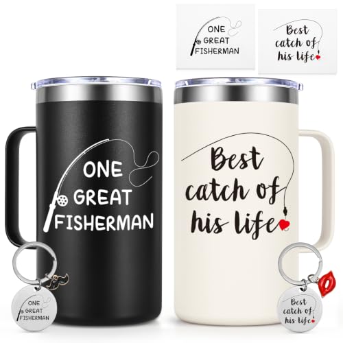 His and Hers 20oz Coffee Mug Set with Keychain & Card - Black & Cream, Couples Gift