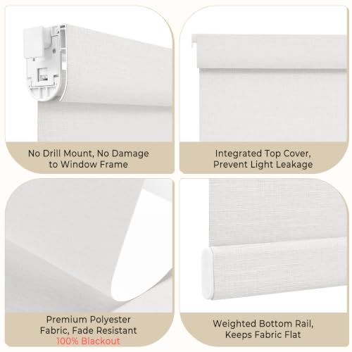 Blackout Window Shades Linen Texture Cordless Roller Blinds for Bedroom & Living Room