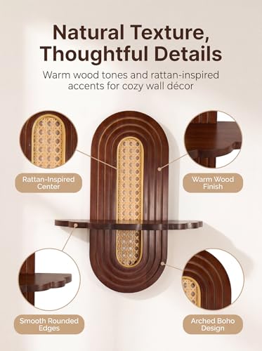 Boho Wall Shelves 2 Pack - Bamboo with Handwoven Rattan for Plants & Decor