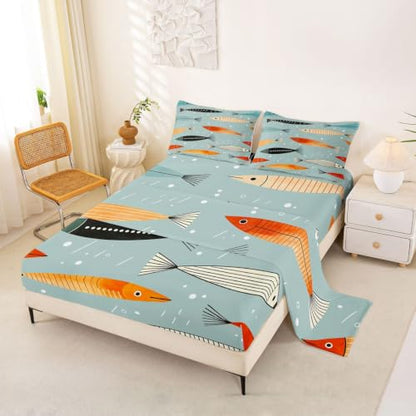 Grey-Blue Queen Size Fish Sheets Set - Colorful Nautical Bedding for Kids & Adults