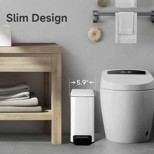 TIPGO Slim Bathroom Trash Can with Lid Soft Close, 6 Liter / 1.6 Gallon Stainless Steel Garbage Can with Removable Inner Bucket, Step Pedal, Small Trash Cans for Bedroom, Office, Kitchen (Black Gold)