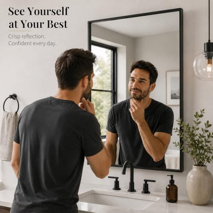 24x36 Inch Matte Black Recessed Bathroom Mirror - Modern Wall Decor