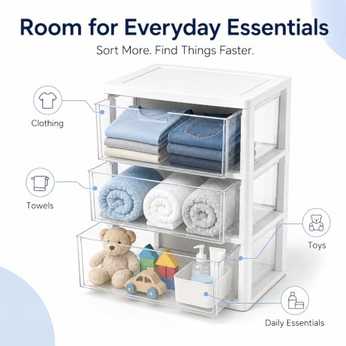 White 3-Drawer Plastic Storage Tower with Removable Clear Bins - Wide Organizer
