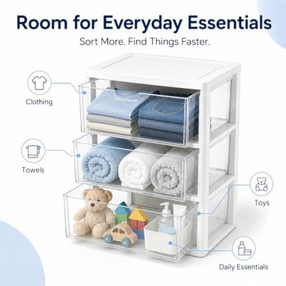 White 3-Drawer Plastic Storage Tower with Removable Clear Bins - Wide Organizer