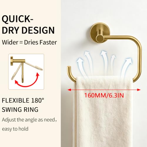 Hand Towel Holder with 180° Swivel Square Ring - Gold