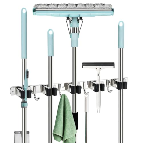 Wall Mount Mop and Broom Holder with 5 Racks & 4 Hooks - Silver